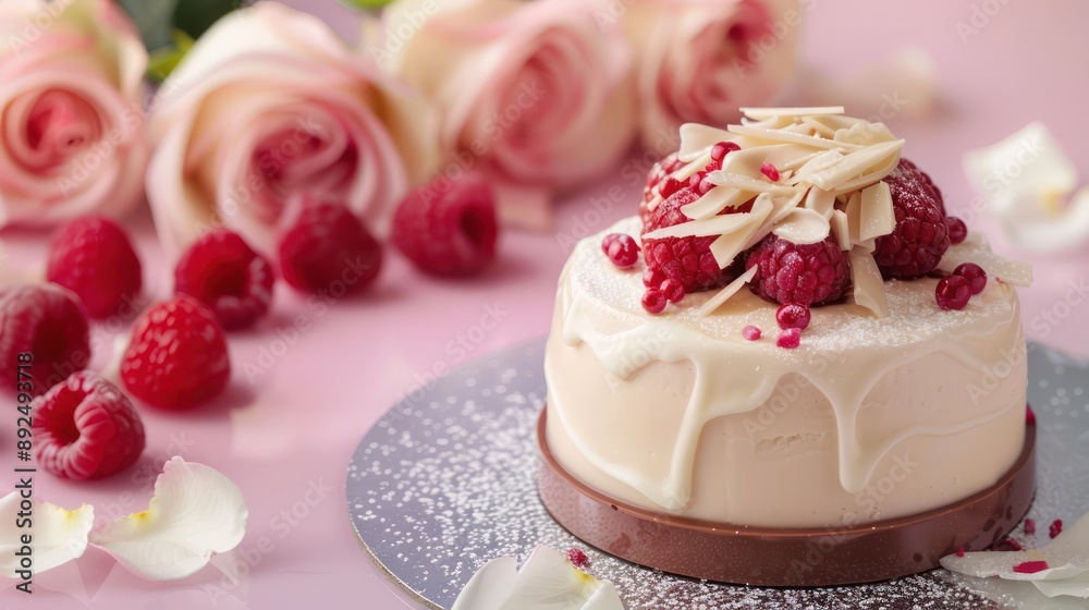 chic raspberry and white chocolate cake on a pastel rose background, delicate and perfect for elegant text