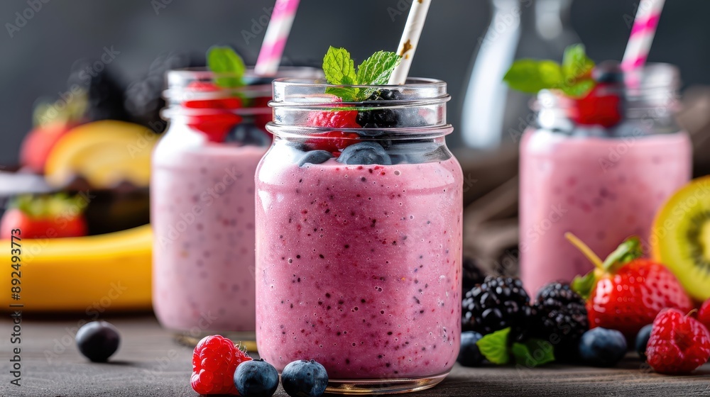 Pink fruit smoothies topped with berries and mint in mason jars, presenting a delicious and nutritious beverage choice. Fresh, vibrant, and inviting health drink imagery. Pink fruit smoothies topped with berries and mint in mason jars, presenting a delicious and nutritious beverage choice. Fresh, vibrant, and inviting health drink imagery.
