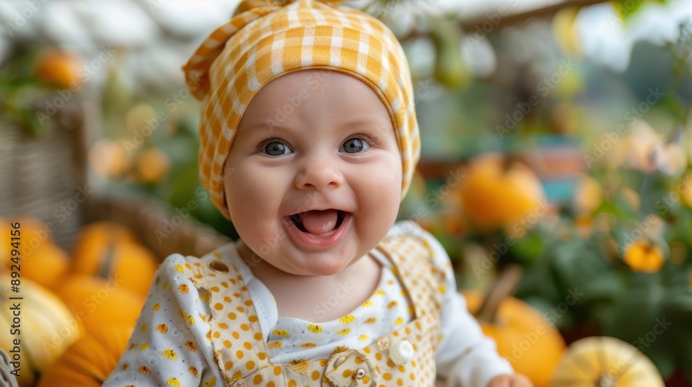 Charming baby with a hat and yellow-checkered outfit sits amid a pumpkin harvest scene, smiling brightly, capturing the essence of autumn and the joy of nature. Charming baby with a hat and yellow-checkered outfit sits amid a pumpkin harvest scene, smiling brightly, capturing the essence of autumn and the joy of nature.