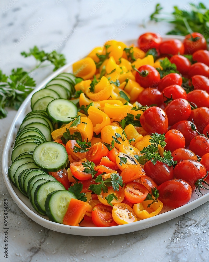 a platter filled with cucumbers, tomatoes, and cucumber slices a platter filled with cucumbers, tomatoes, and cucumber slices