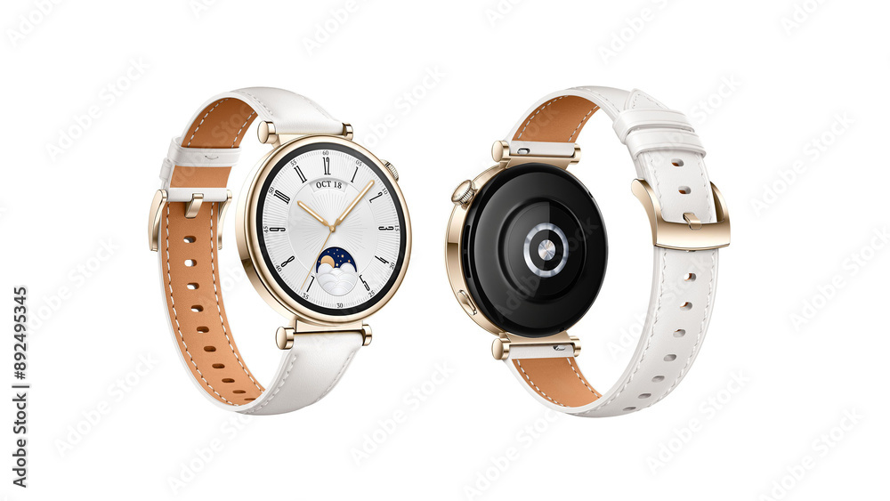 Closeup of classy golden smartwatch with brown accents isolated on white background. Closeup of classy golden smartwatch with brown accents isolated on white background.
