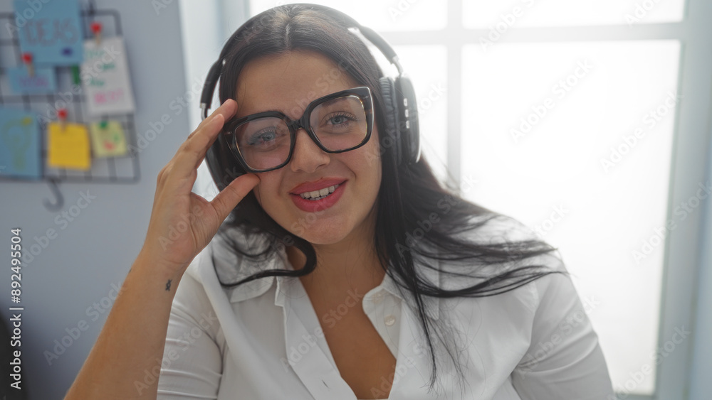 Woman wearing glasses and headphones smiling at the camera in an office setting. Woman wearing glasses and headphones smiling at the camera in an office setting.