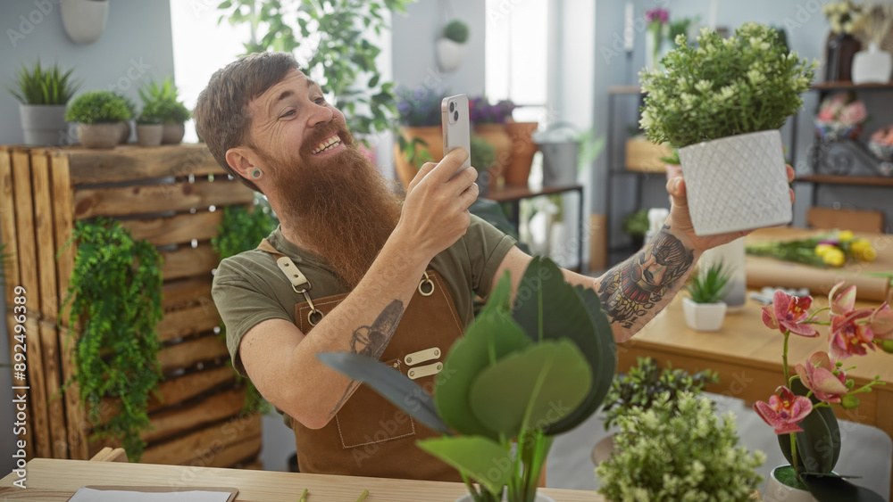 Obraz premium Smiling bearded man taking a selfie with a plant in a lush indoor flower shop.