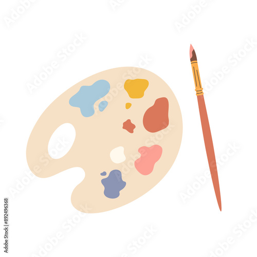 Simple palette with paints and brushe, paintbrush. Top view of painter artist tools isolated on white