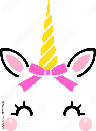 Unicorn face head with bow tie ribbon. Design for child card, t-shirt. girls, kid. 