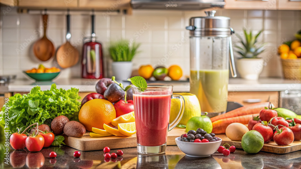 Fresh fruit smoothie and vitamins-rich ingredients on a kitchen counter, surrounded by cooking utensils and appliances, evoking a sense of healthy living and wellness. Fresh fruit smoothie and vitamins-rich ingredients on a kitchen counter, surrounded by cooking utensils and appliances, evoking a sense of healthy living and wellness.