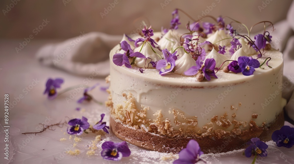 delicate elderflower and white chocolate cake, adorned with candied violets, set against a soft taupe background