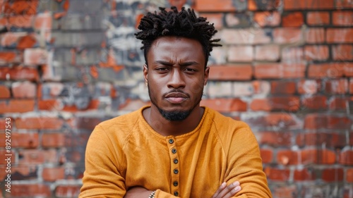 Confident man standing against brick wall in casual orange shirt, arms crossed and gazing at the camera outdoors.