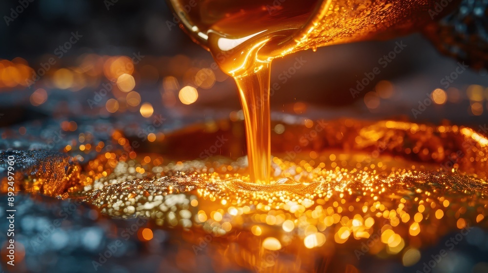 Molten metal being poured into a mold, showcasing the bright orange and gold colors. Perfect for industry, manufacturing, and heavy metal concepts.