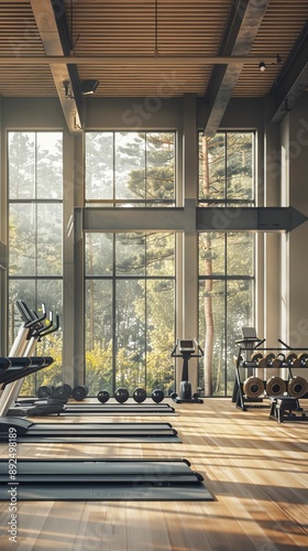 A modern gym studio with large windows, natural light flooding in, and stateoftheart equipment, bright and inviting, photorealistic, highresolution photo