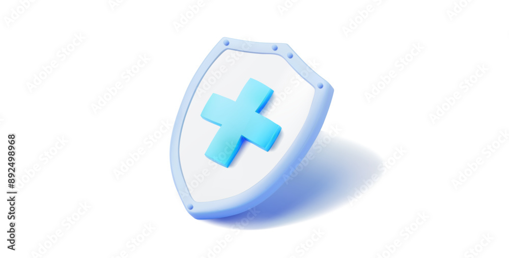 Fototapeta premium 3D illustration of a blue shield featuring a prominent cross symbol in the center. This design represents protection, healthcare, and security. Ideal for use in medical, healthcare. Vector