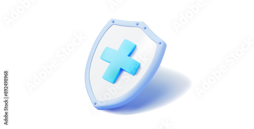 3D illustration of a blue shield featuring a prominent cross symbol in the center. This design represents protection, healthcare, and security. Ideal for use in medical, healthcare. Vector