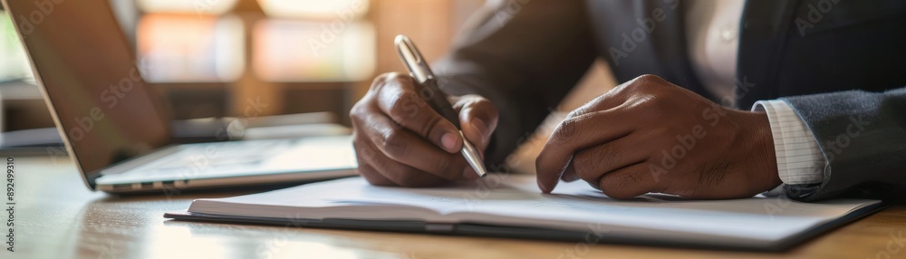 Close-up of a professional writing in a notebook with a pen at a desk, working on a laptop, highlighting business and office setting. Close-up of a professional writing in a notebook with a pen at a desk, working on a laptop, highlighting business and office setting.