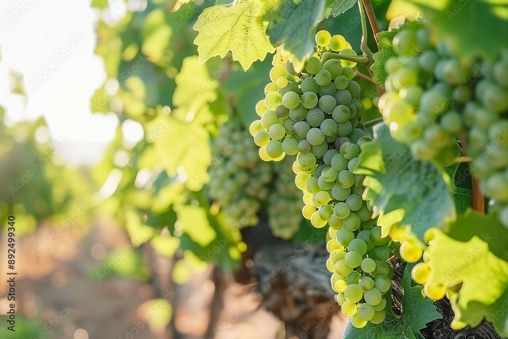   green grapes hanging  in clusters on the vine - image high resolution