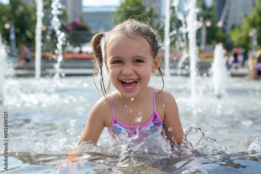 Happy little girl playing in a street flat fountain on a hot summer day.