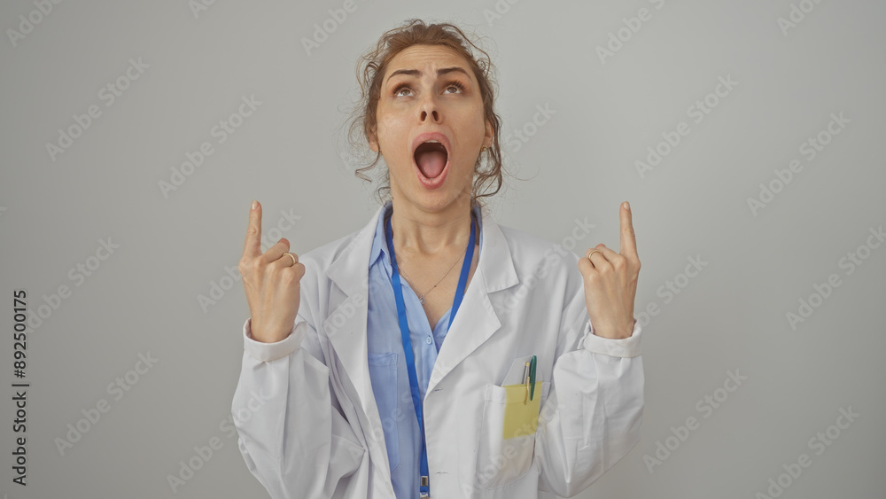A surprised caucasian woman in a lab coat pointing upwards against a white background A surprised caucasian woman in a lab coat pointing upwards against a white background