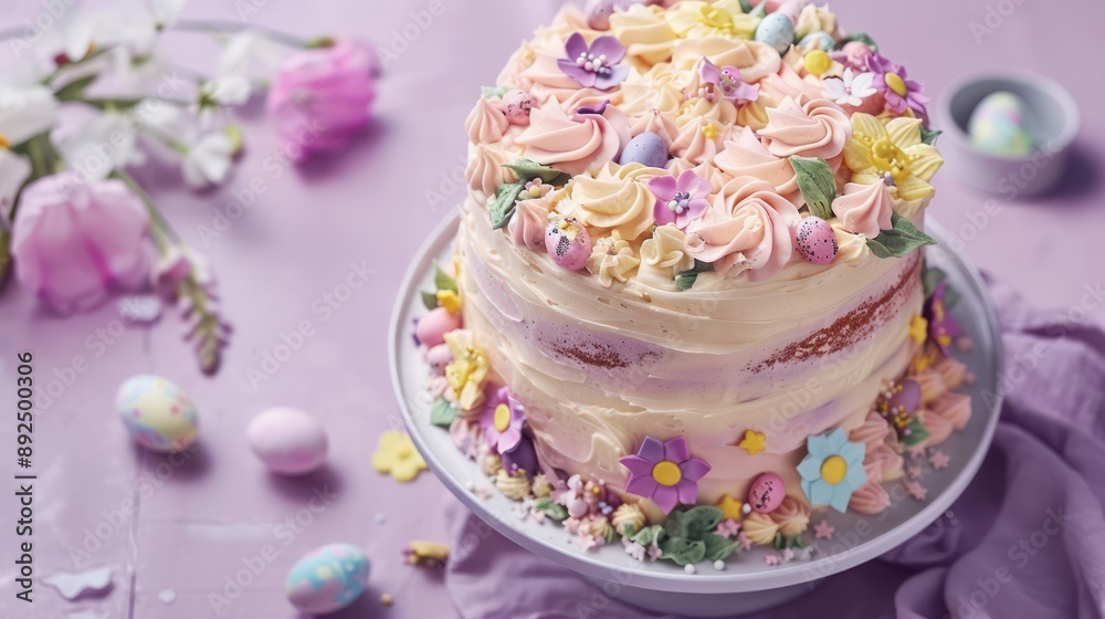 festive Easter cake with pastel frosting and edible flowers on a light purple background, inviting and perfect for spring celebrations festive Easter cake with pastel frosting and edible flowers on a light purple background, inviting and perfect for spring celebrations
