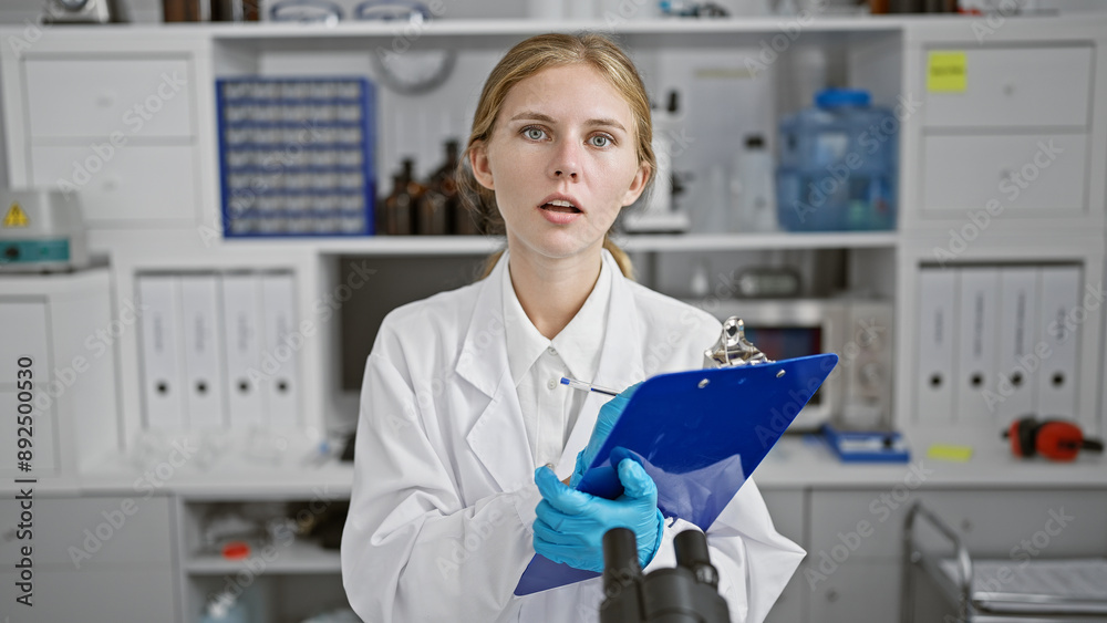 A young woman scientist in a lab holding a clipboard looks focused and curious, surrounded by scientific equipment. A young woman scientist in a lab holding a clipboard looks focused and curious, surrounded by scientific equipment.