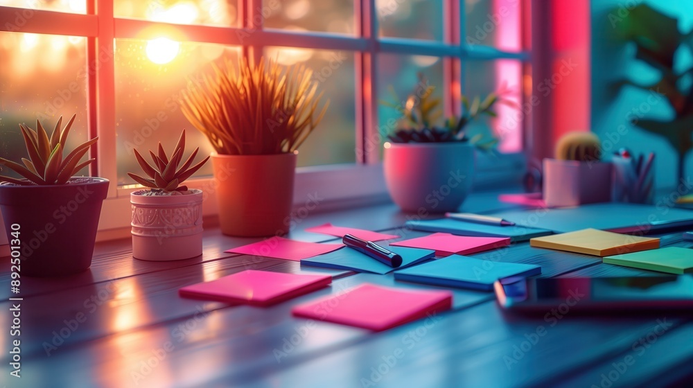 Sunlit Desk with Sticky Notes and Plants. Sunlit desk featuring sticky notes, potted plants, and stationery, showcasing an inviting and organized work environment. Sunlit Desk with Sticky Notes and Plants. Sunlit desk featuring sticky notes, potted plants, and stationery, showcasing an inviting and organized work environment.