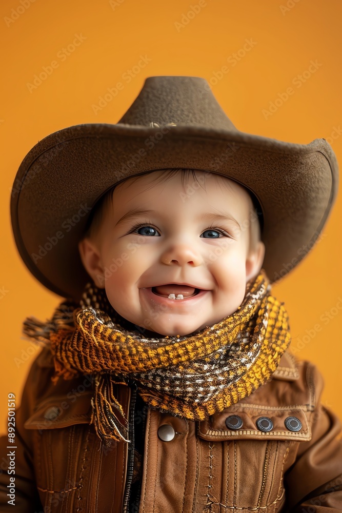 Happy baby in cowboy outfit, orange background, portrait Happy baby in cowboy outfit, orange background, portrait