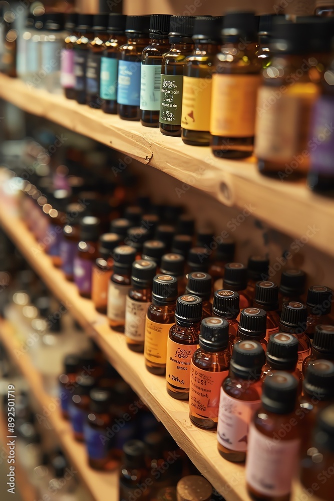 Rows of essential oil bottles, store shelf, warm light, holistic shop ambiance Rows of essential oil bottles, store shelf, warm light, holistic shop ambiance