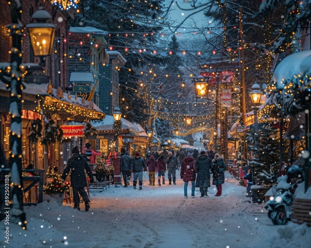 Obraz premium a group of people walking down a snow covered street