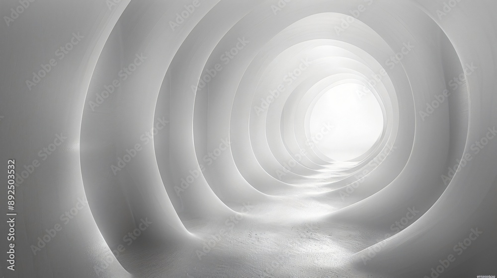 Obraz premium A visually captivating abstract white tunnel showcasing smooth, curving walls with a bright, radiant light at the end, inducing a sense of depth and tranquility.