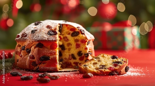 festive pannetone cake with dried fruits on a vibrant vermilion background, holiday-perfect for text