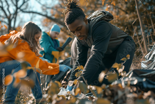 Environmental activists organize a community cleanup event, picking up litter in a local park. They work together to remove trash and improve the local environment, promoting community spirit and envi photo