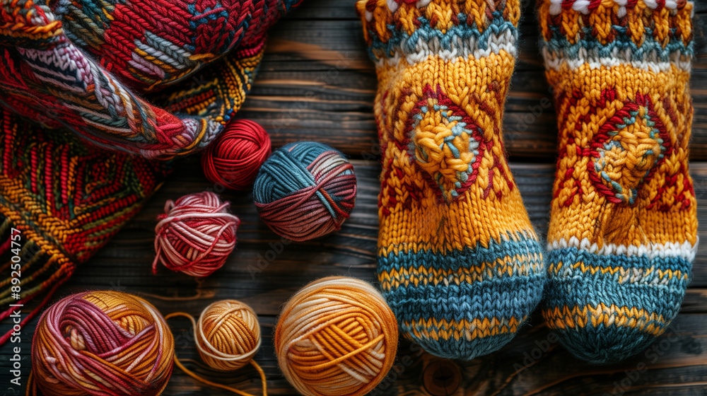 Knitted Socks and Yarn close-up on a dark wooden surface Knitted Socks and Yarn close-up on a dark wooden surface