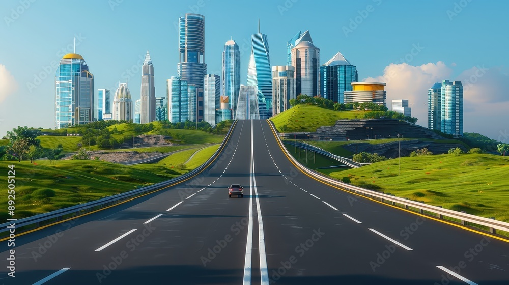 Modern empty highway with futuristic buildings, high-tech surroundings, bright blue sky, horizontal orientation Modern empty highway with futuristic buildings, high-tech surroundings, bright blue sky, horizontal orientation