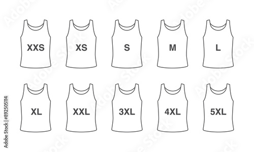 Clothing size symbol. Marking product : XXS, S, M, L, XXL, 5XL. Tank shirt symbol. photo