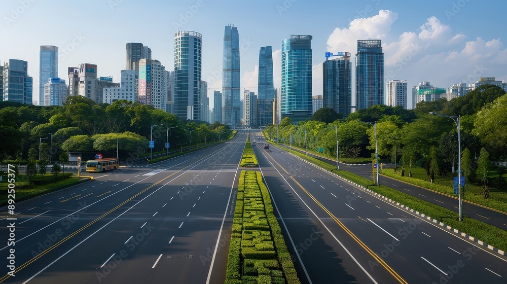 Futuristic high-tech city, empty modern highway, sleek buildings, bright blue sky, horizontal orientation Futuristic high-tech city, empty modern highway, sleek buildings, bright blue sky, horizontal orientation
