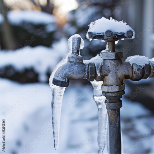 frozen water pipe and an ice covered faucet in winter. ai generative