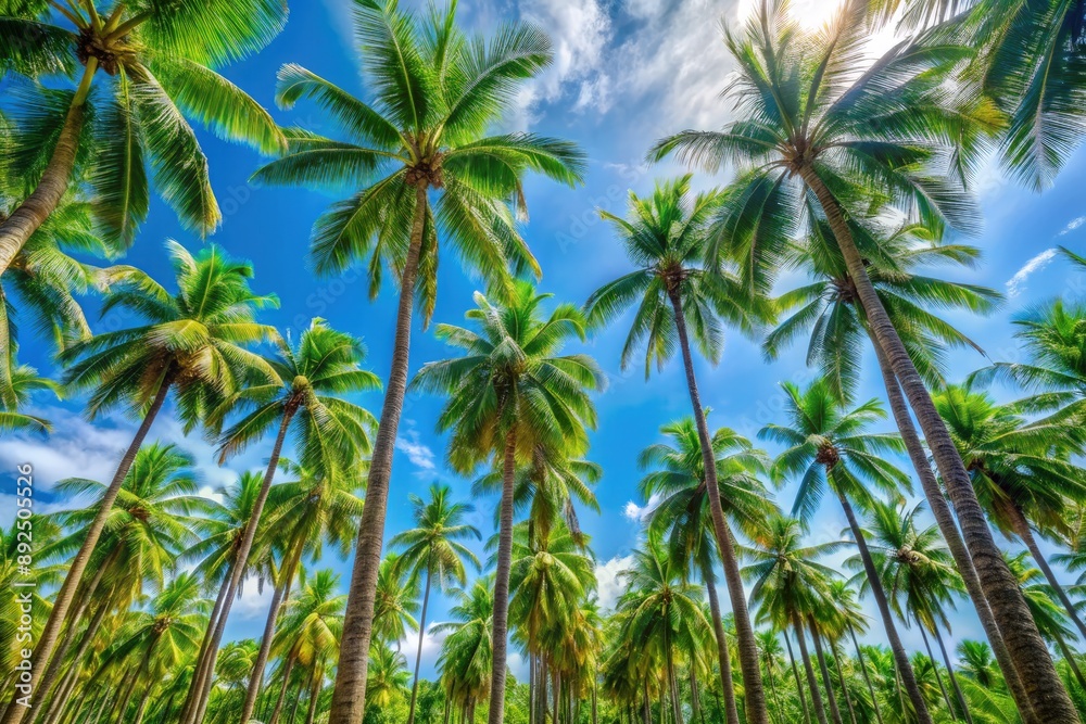 Lush Green Palm Trees Reaching Towards a Bright Blue Sky. Generative AI Lush Green Palm Trees Reaching Towards a Bright Blue Sky. Generative AI