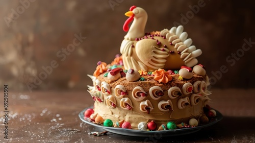 festive Thanksgiving turkey cake with edible decorations on a warm brown background, perfect for holiday text