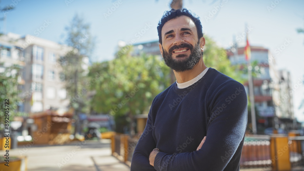Smiling bearded man, with crossed arms, standing outdoor in a sunny city environment surrounded by greenery and architecture. Smiling bearded man, with crossed arms, standing outdoor in a sunny city environment surrounded by greenery and architecture.