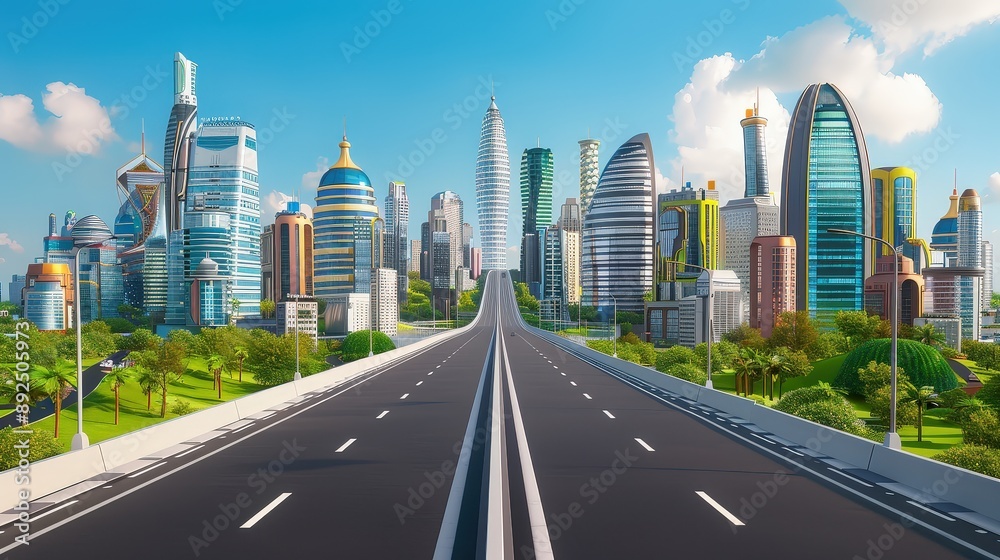 Empty highway with modern futuristic buildings, high-tech surroundings, bright blue sky, horizontal perspective Empty highway with modern futuristic buildings, high-tech surroundings, bright blue sky, horizontal perspective