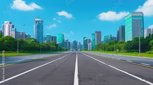 High-tech futuristic urban landscape, empty highway, bright blue sky, modern buildings, horizontal format