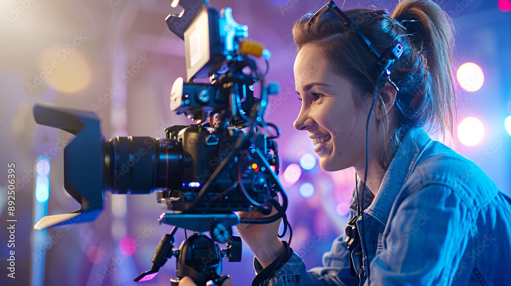 A woman is holding a camera and smiling. She is wearing a blue jacket. The scene is set in a room with lights on A woman is holding a camera and smiling. She is wearing a blue jacket. The scene is set in a room with lights on