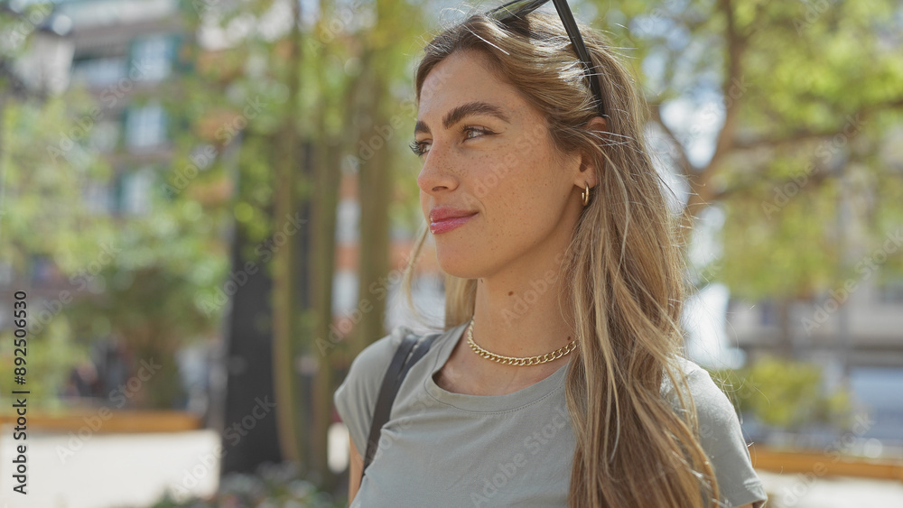 A young blonde woman enjoys a sunny day outdoors in a green city park, evoking a casual and serene ambiance. A young blonde woman enjoys a sunny day outdoors in a green city park, evoking a casual and serene ambiance.