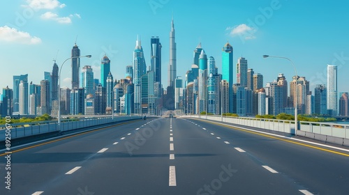 Modern high-tech buildings along an empty highway, futuristic cityscape, bright blue sky, horizontal layout © narada