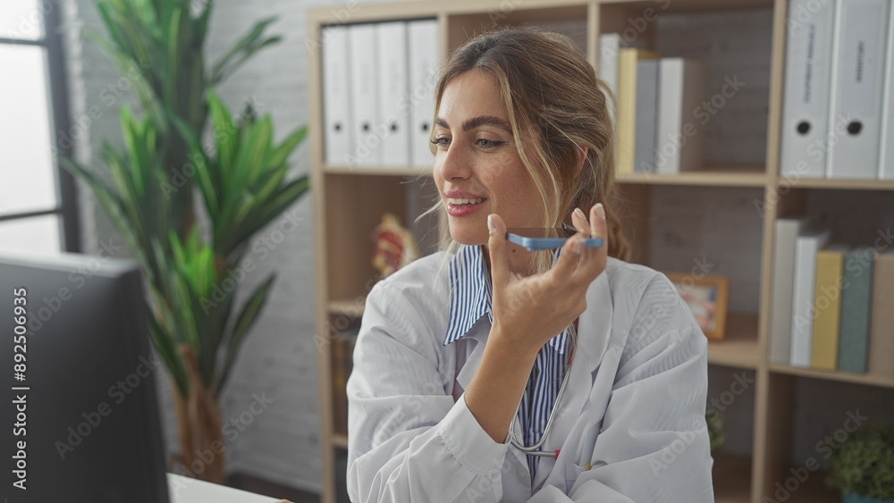 Blonde woman in lab coat using voice recorder indoors at clinic Blonde woman in lab coat using voice recorder indoors at clinic