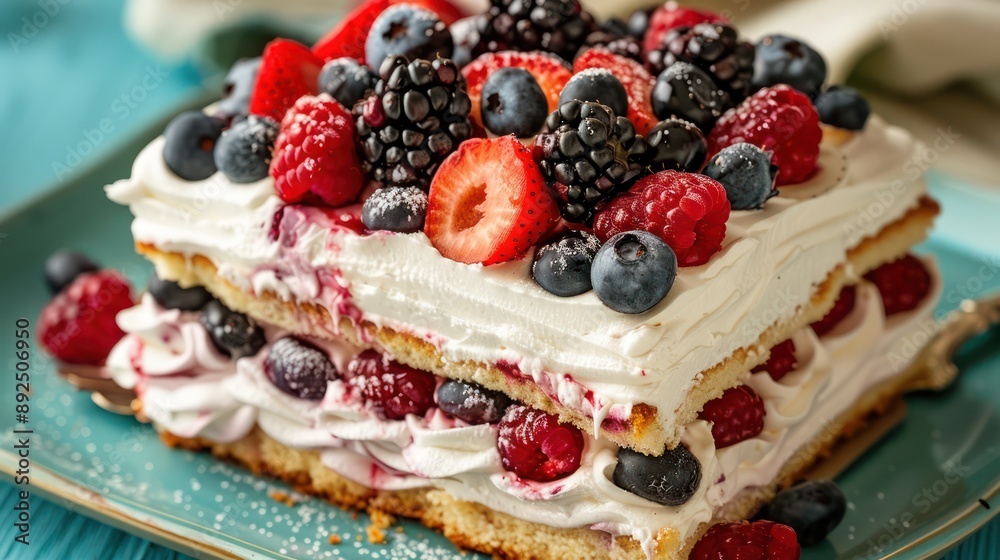 fresh summer berry cake with layers of cream, isolated on a vibrant cyan background fresh summer berry cake with layers of cream, isolated on a vibrant cyan background