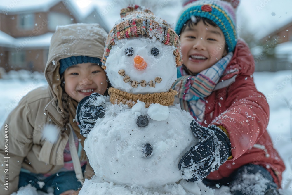 two young girls building a snowman in the snow two young girls building a snowman in the snow