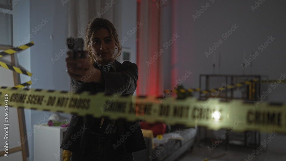 A blonde woman investigating a house crime scene, with caution tape and dim lighting indoors. A blonde woman investigating a house crime scene, with caution tape and dim lighting indoors.