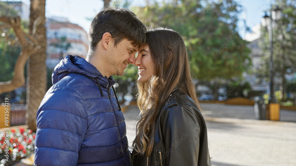 A loving couple embraces on a sunny city street surrounded by greenery, evoking romance and companionship. A loving couple embraces on a sunny city street surrounded by greenery, evoking romance and companionship.