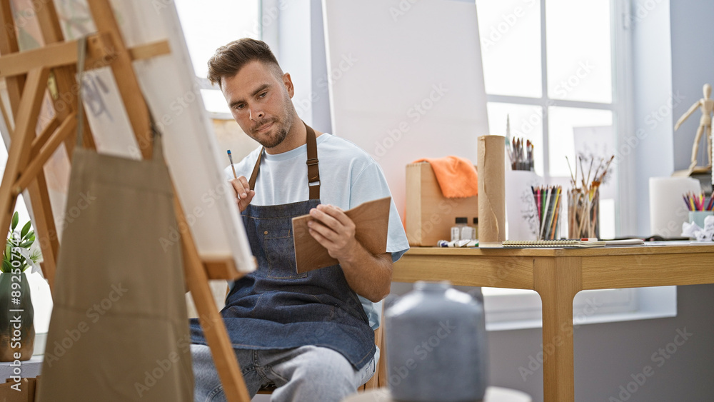 A young man with a beard, wearing a denim apron, paints on a canvas in a bright art studio A young man with a beard, wearing a denim apron, paints on a canvas in a bright art studio