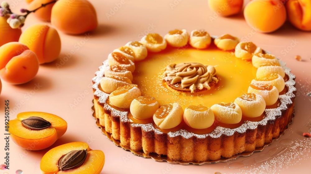 gourmet apricot and frangipane cake with apricot halves on a pastel orange background, elegant and perfect for sophisticated text gourmet apricot and frangipane cake with apricot halves on a pastel orange background, elegant and perfect for sophisticated text