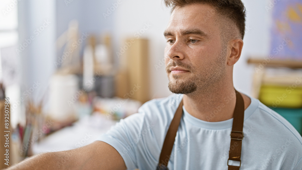 Fototapeta premium Handsome young hispanic man with a beard in a studio, conveying a creative and thoughtful atmosphere.